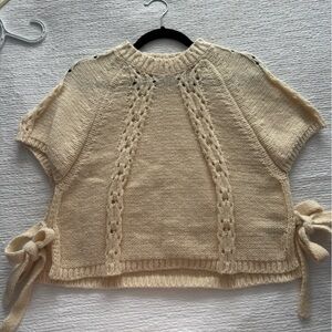 SHEIN Cream Short-Sleeve Knit Sweater with Lace Panels and Hem Ties